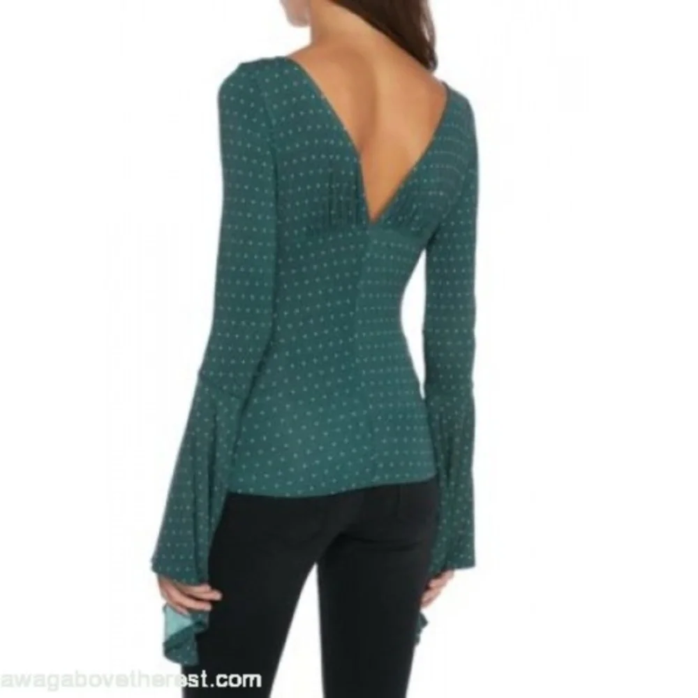 Free People Teal Polka Dot Ruched Bell Sleeve Top